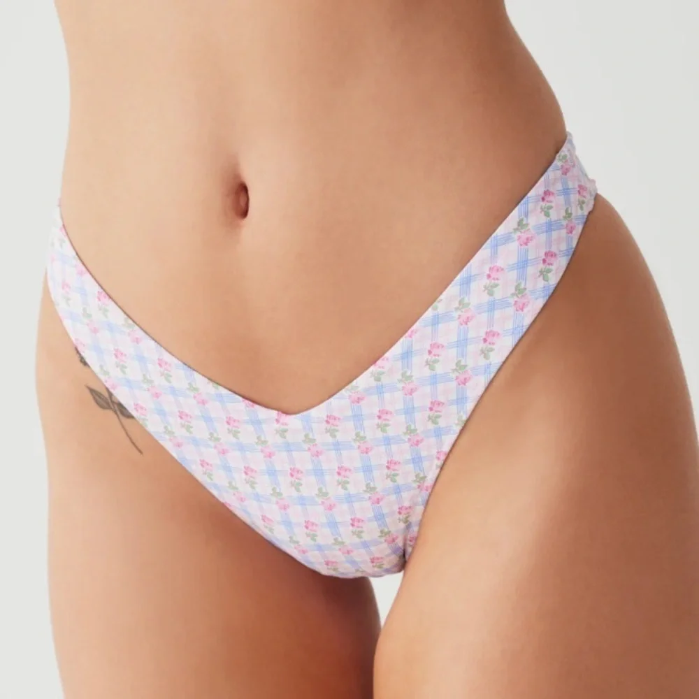 New! Frankie’s Bikinis Enzo Plaid Cheeky Bikini Bottom pink blue 10694